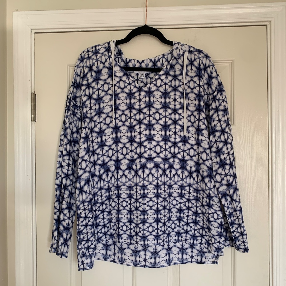 Pure Navy Linen Pullover Shirt Sz.M Hooded Geometric Beach Coastal Travel Resort